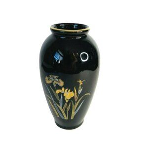 Vintage Japanese Vase Hand Painted Gold Iris on Black 6" x 3"